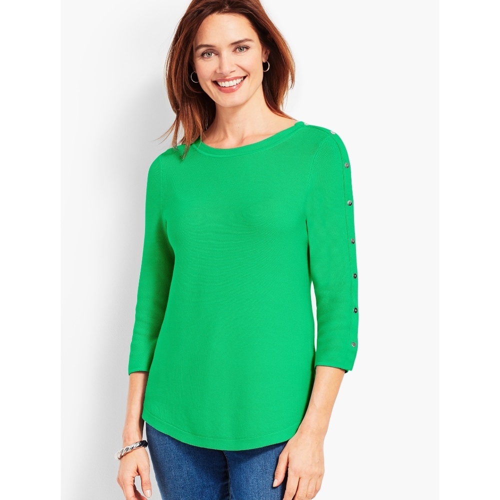 Talbots Sz XL Green Top Links Button Detailed Pullover Blouse Stretch Sweater‎